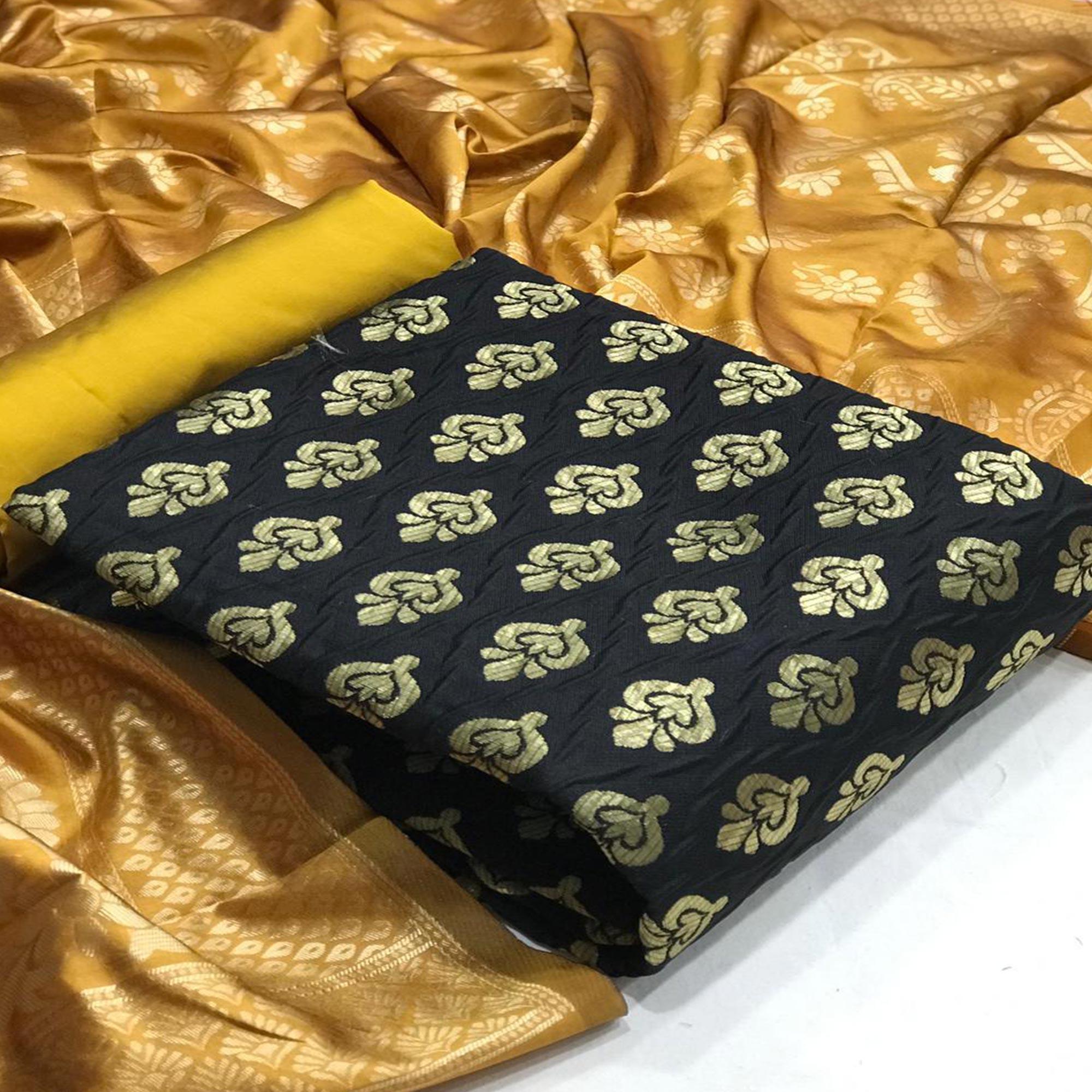 Pleasance Black Colored Casual Wear Woven Banarasi Silk Dress Material - Peachmode