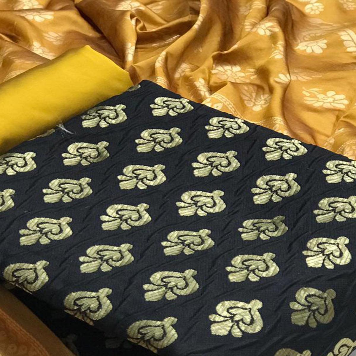 Pleasance Black Colored Casual Wear Woven Banarasi Silk Dress Material - Peachmode