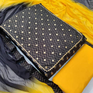 Pleasance Black - Gold Colored Casual Wear Mirror Work Cotton Dress Material - Peachmode