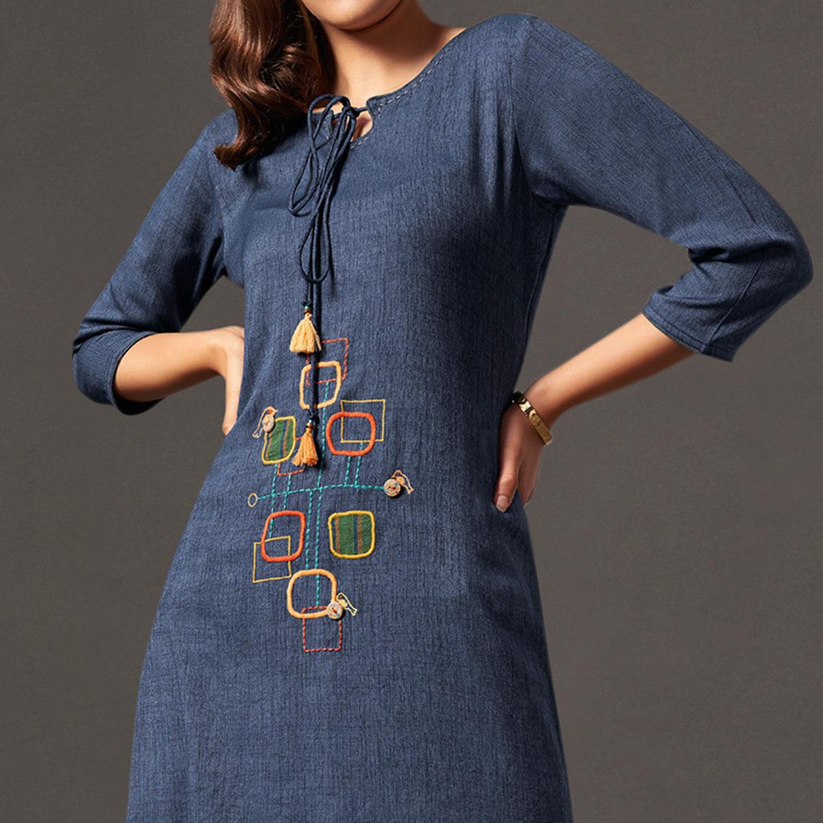 Pleasance Blue Colored Casual Wear Cotton Kurti With Bottom - Peachmode