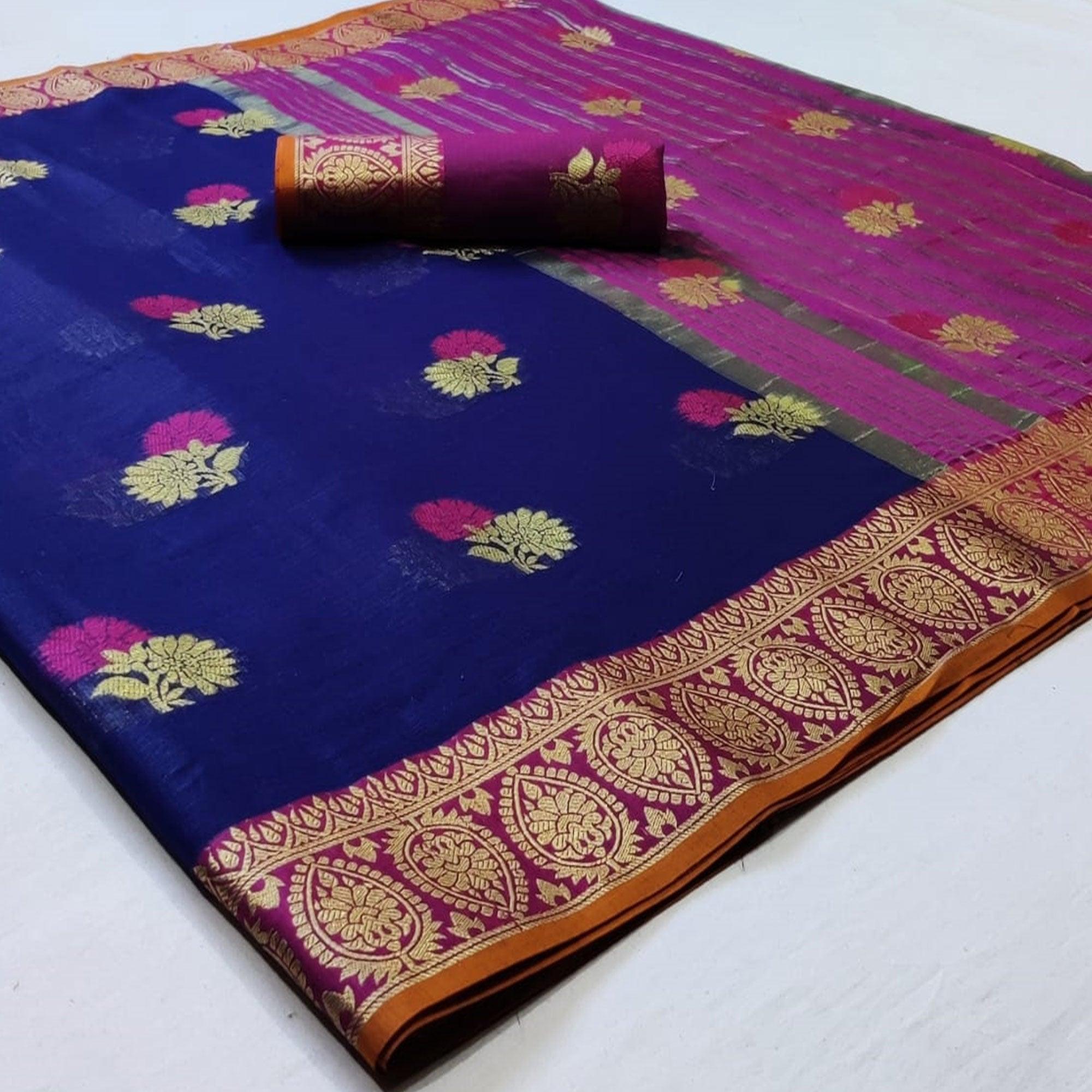 Pleasance Blue Colored Festive Wear Woven Silk Saree - Peachmode