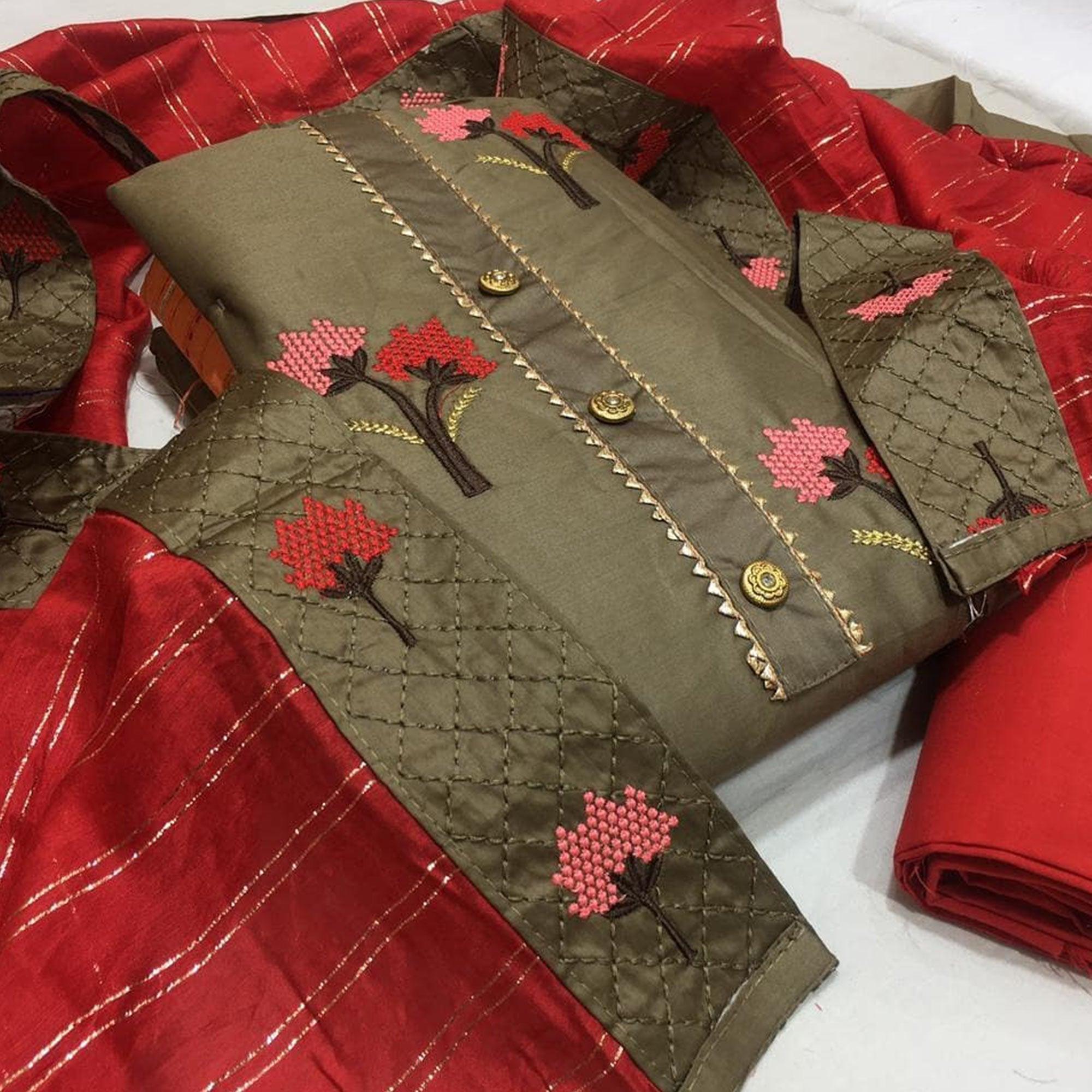 Pleasance Brown Colored Casual Embroidered Cotton Dress Material - Peachmode