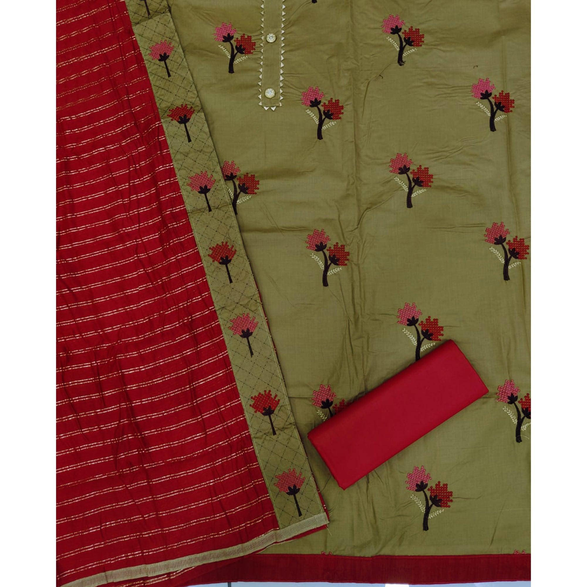 Pleasance Brown Colored Casual Embroidered Cotton Dress Material - Peachmode