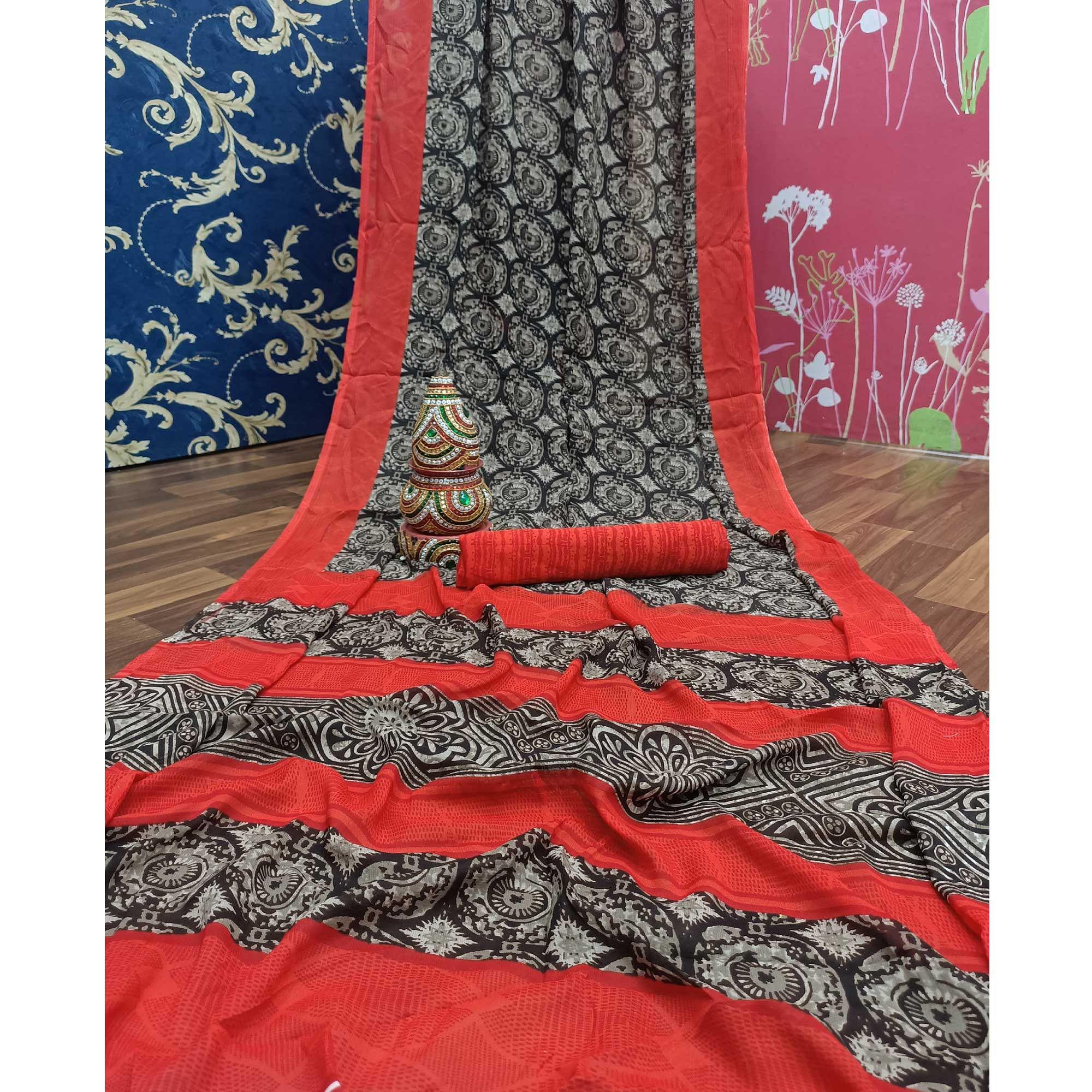 Pleasance Brown Colored Casual Printed Georgette Saree - Peachmode