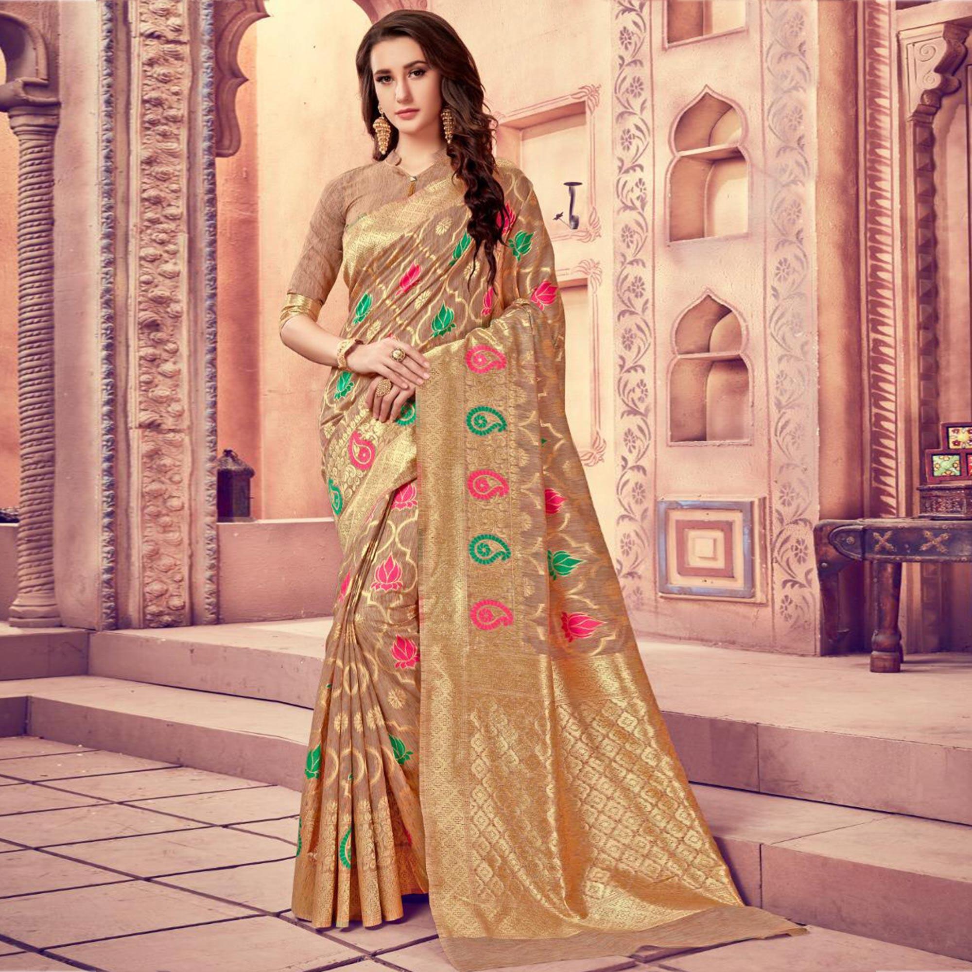 Pleasance Brown Colored Festive Wear Woven Cotton Silk Saree - Peachmode