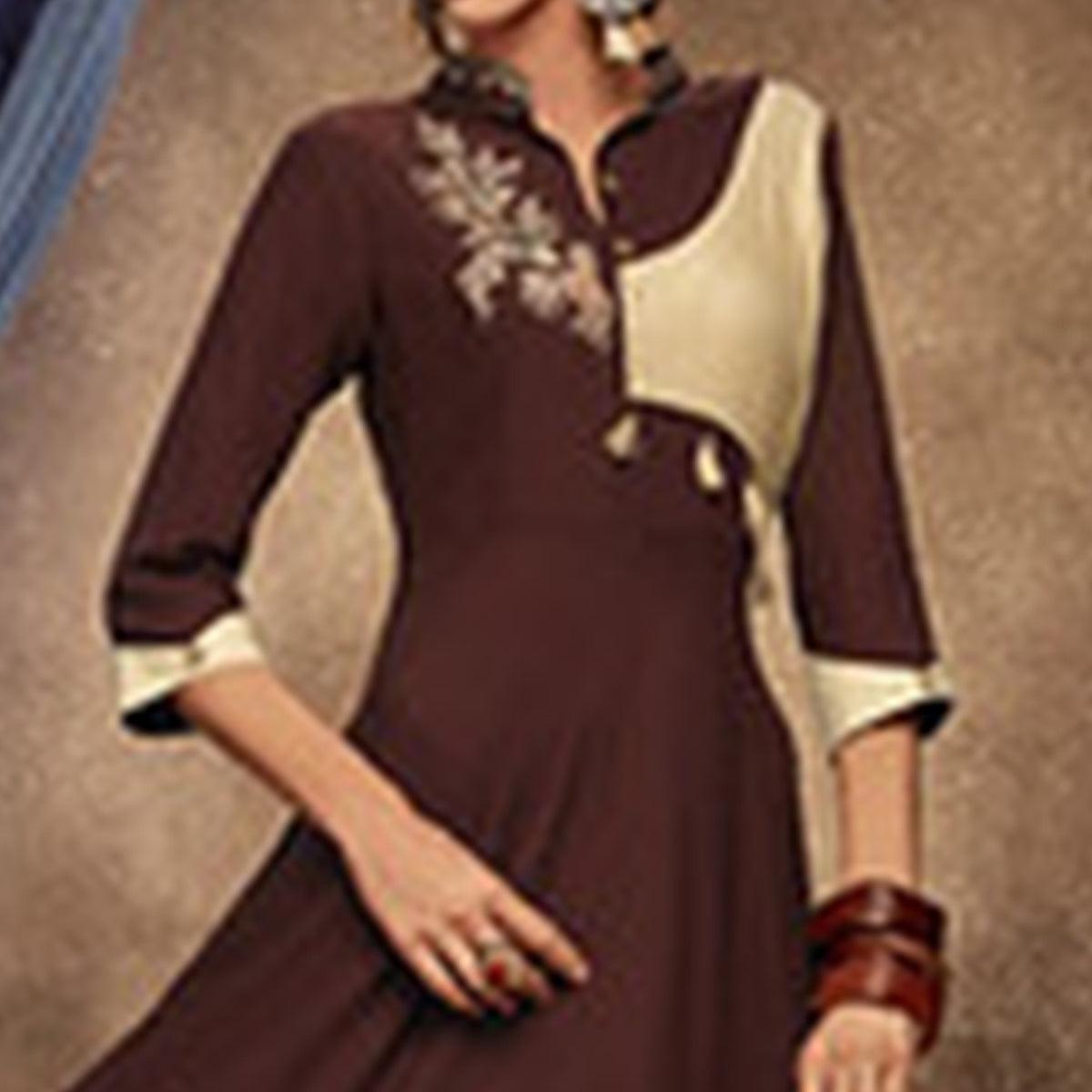 Pleasance Brown Colored Partywear Embroidered Rayon Long Kurti - Peachmode