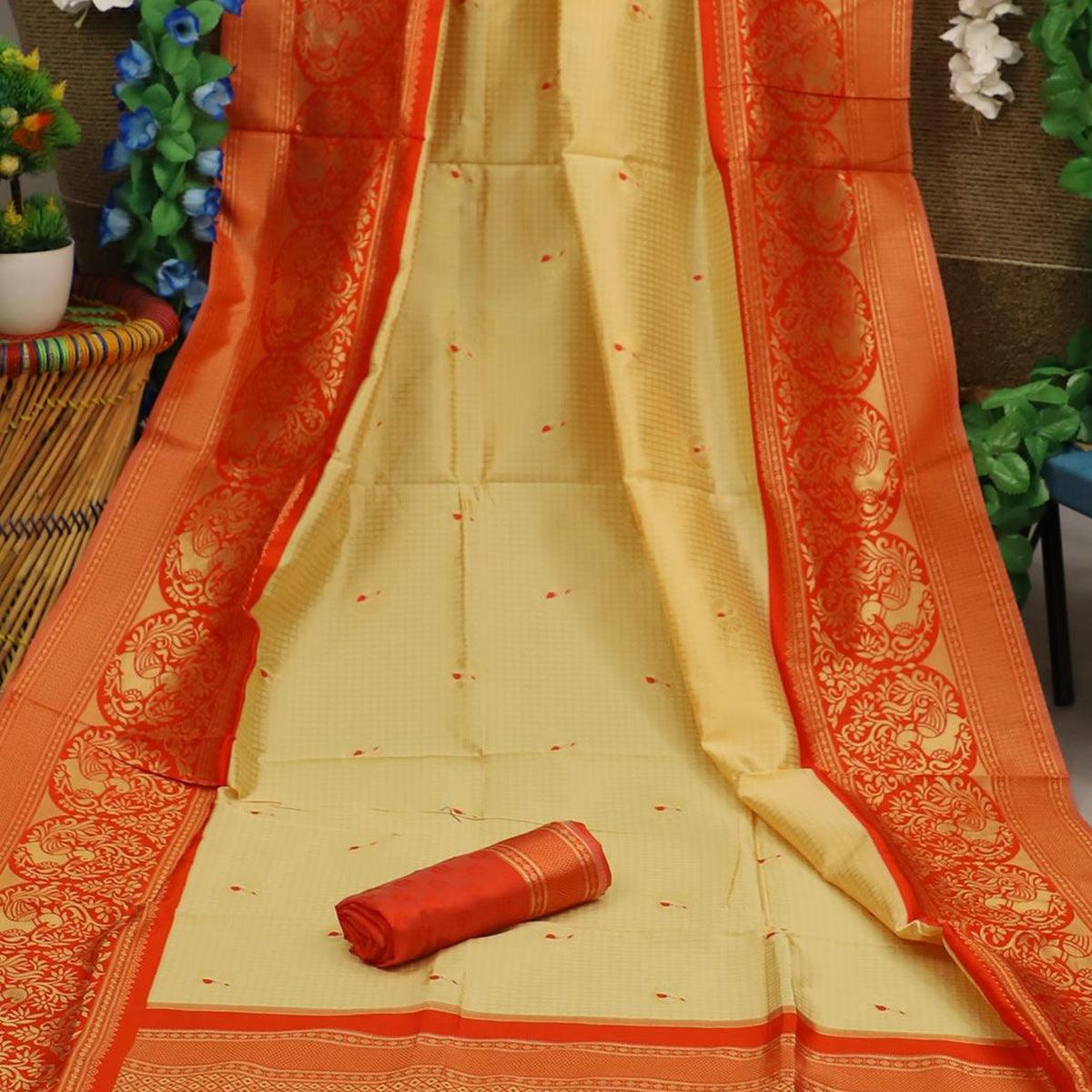 Pleasance Cream Colored Festive Wear Woven Soft Silk Saree - Peachmode