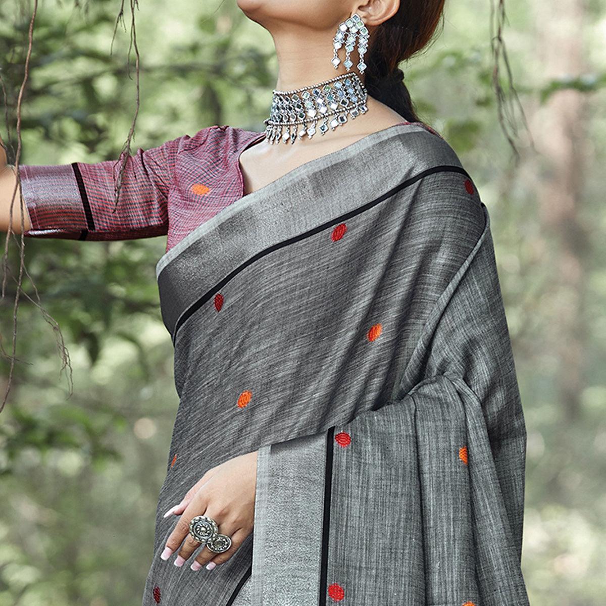 Pleasance Dark Grey Colored Festive Wear Printed Linen Saree - Peachmode