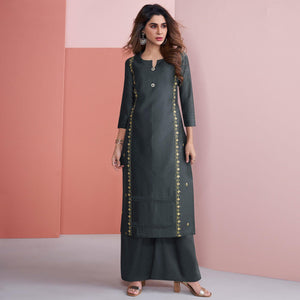 Pleasance Dark Grey Colored Partywear Embroidered Pure Viscose Silk Palazzo Suit - Peachmode
