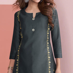 Pleasance Dark Grey Colored Partywear Embroidered Pure Viscose Silk Palazzo Suit - Peachmode