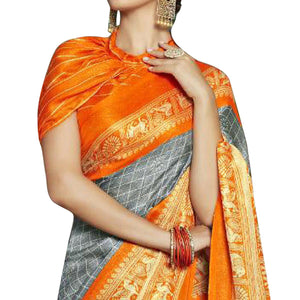 Pleasance Gray-Orange Colored Festive Wear Printed Linen Saree - Peachmode