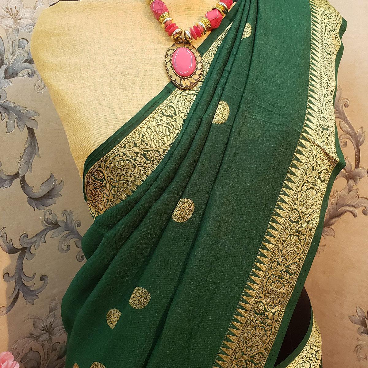 Pleasance Green Colored Festive Wear Woven Vichitra Silk Saree - Peachmode