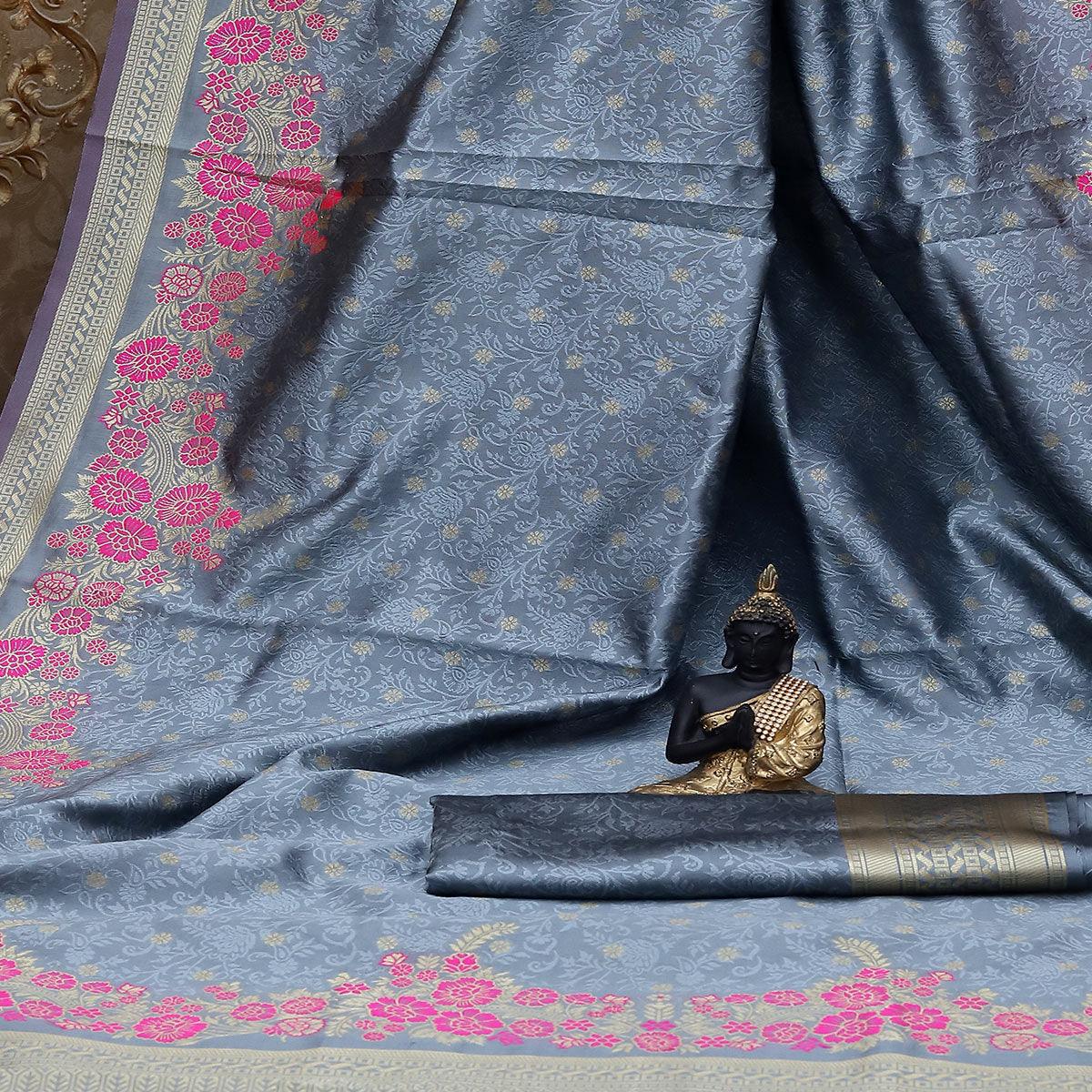Pleasance Grey Colored Festive Wear Woven Banarasi Art Silk Saree - Peachmode