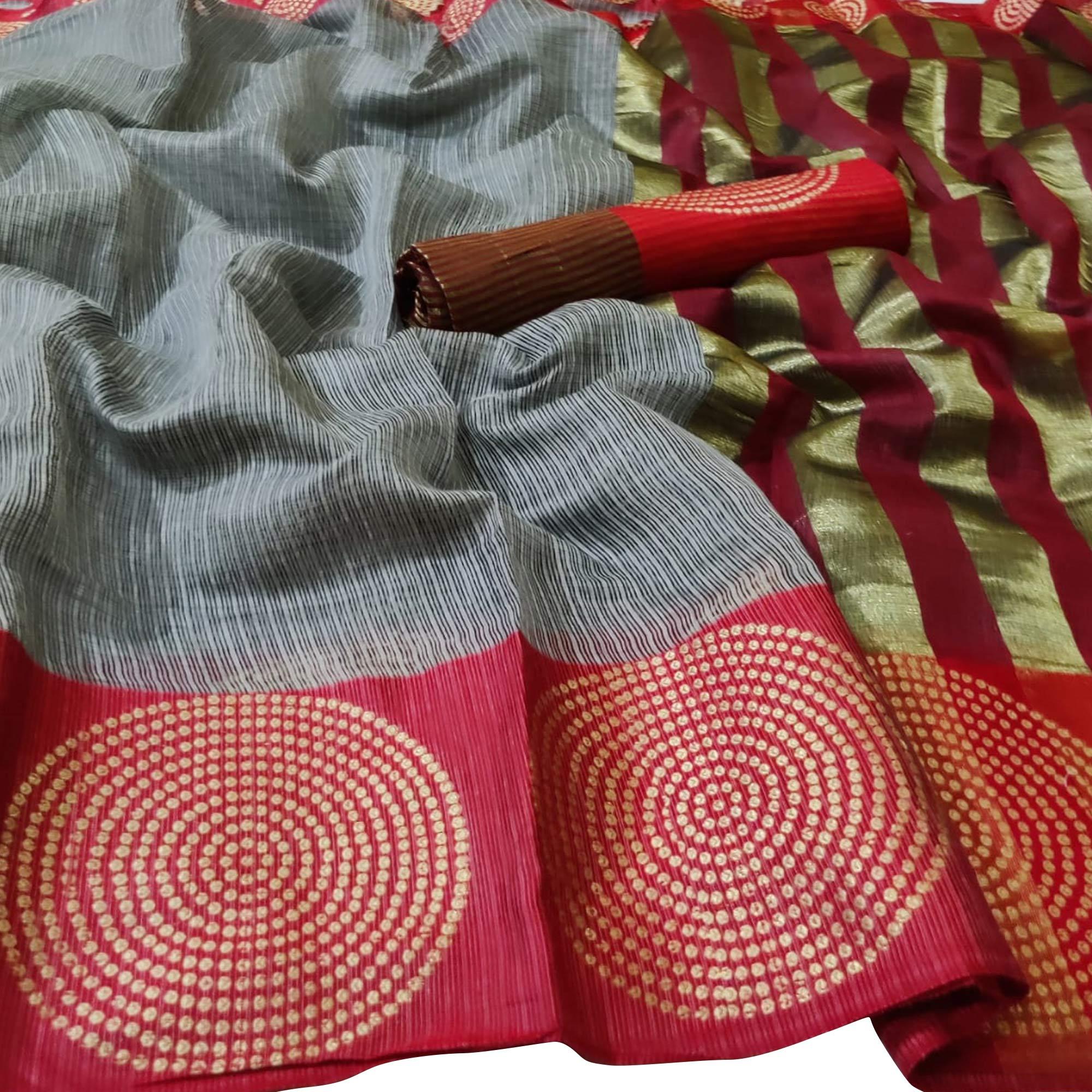 Pleasance Grey Colored Festive Wear Woven Silk Saree - Peachmode