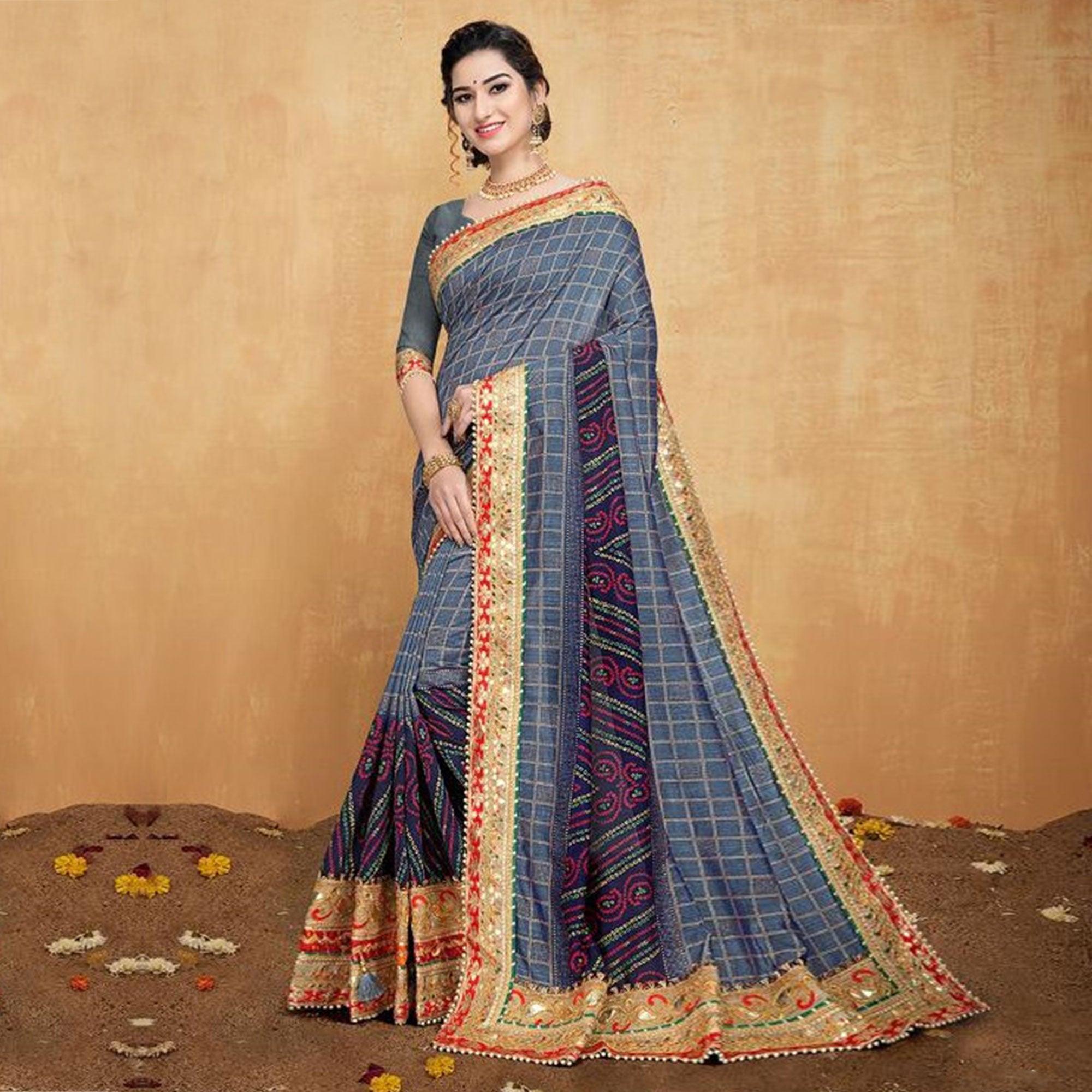 Pleasance Grey Colored Festive Wear Zari Work Vichitra Silk Saree - Peachmode