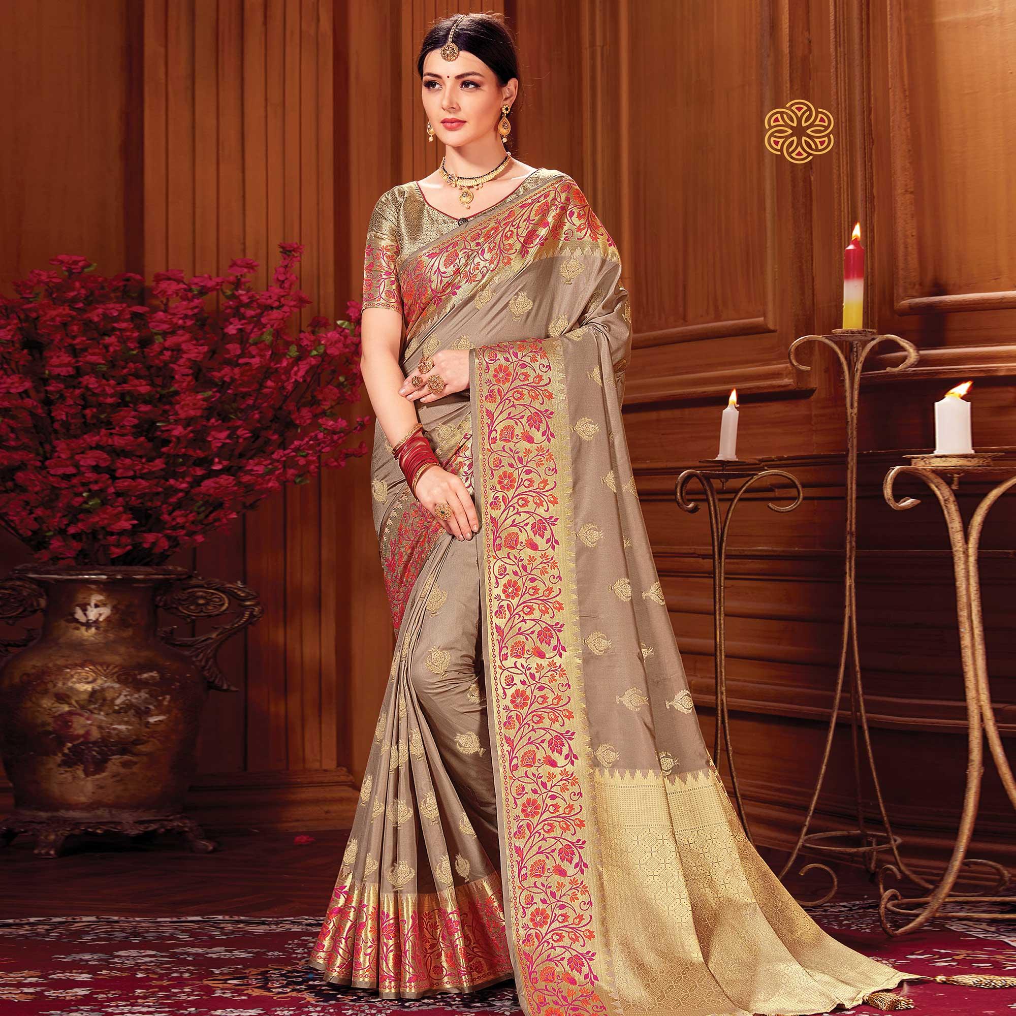 Pleasance Light Brown Colored Festive Wear Woven Silk Saree - Peachmode
