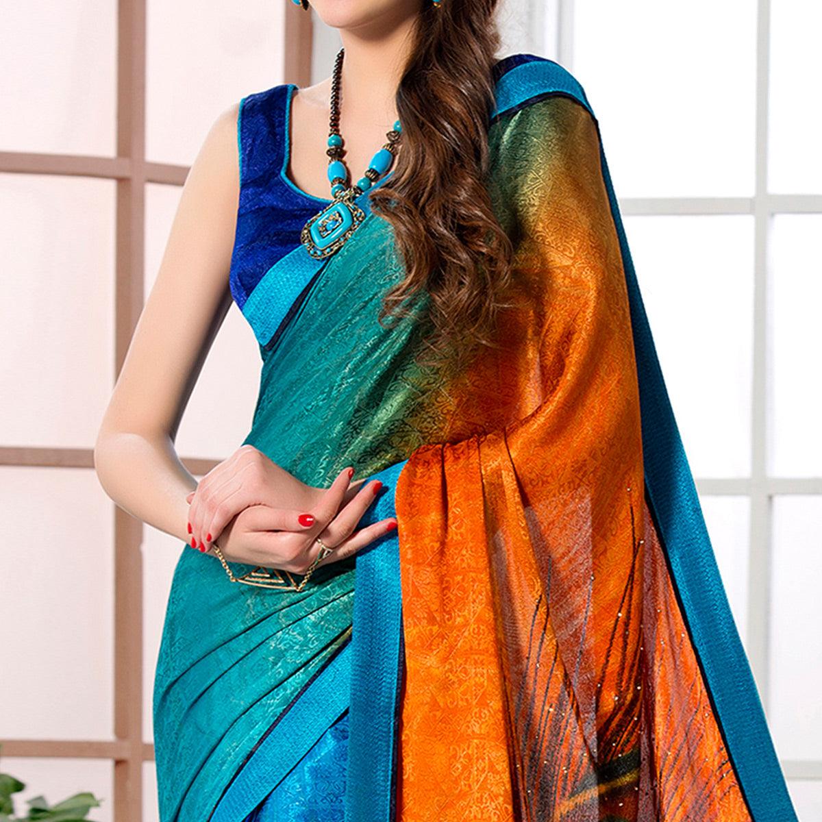 Pleasance Multi Colored Party Wear Printed Silk Crepe Saree - Peachmode