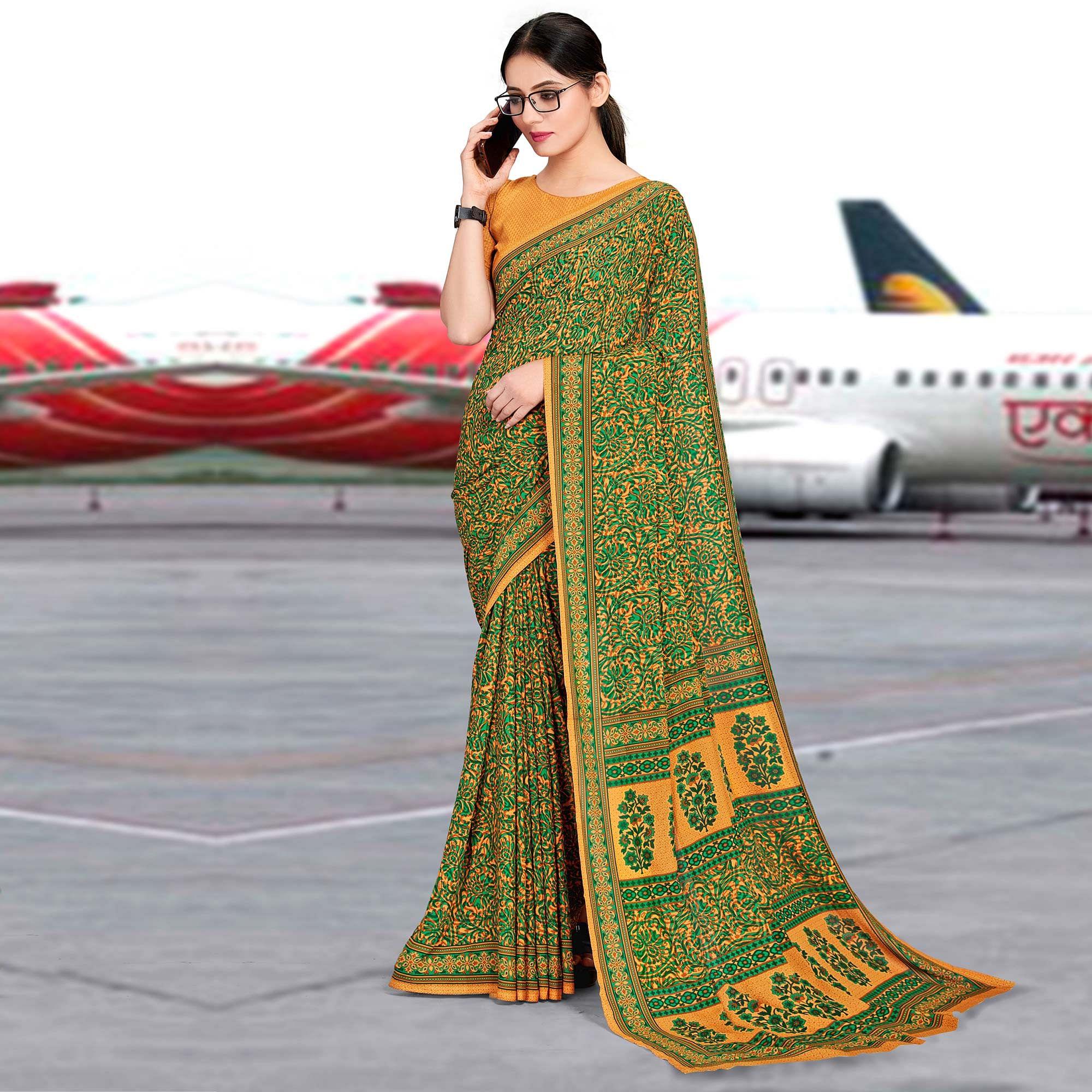Pleasance Mustard & Green Coloured Casual Wear Printed Georgette Saree - Peachmode