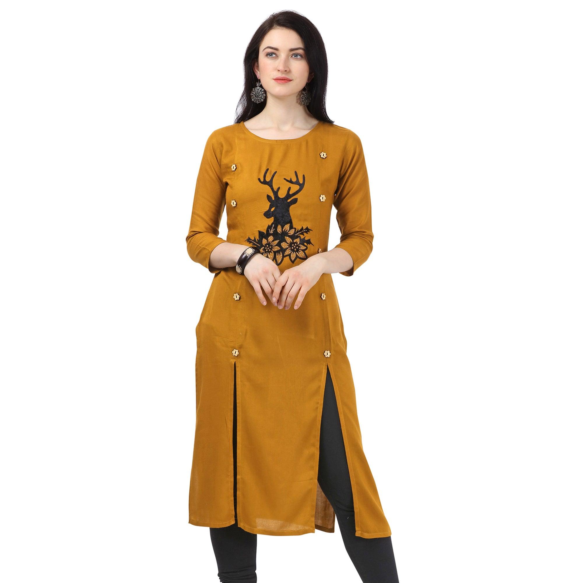 Pleasance Mustard Yellow Colored Partywear Embellished Rayon Kurti - Peachmode