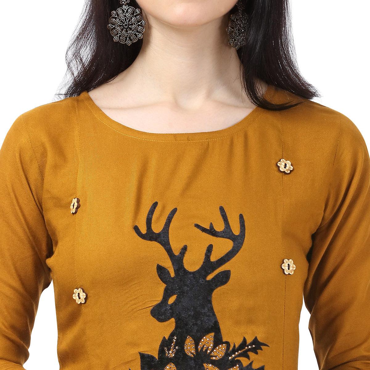 Pleasance Mustard Yellow Colored Partywear Embellished Rayon Kurti - Peachmode