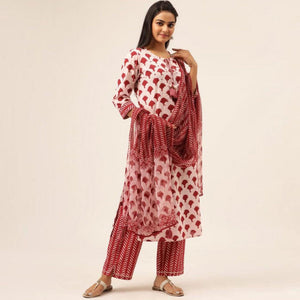Pleasance Offwhite - Red Colored Casual Wear Printed Cotton Kurti - Palazzo Set With Dupatta - Peachmode