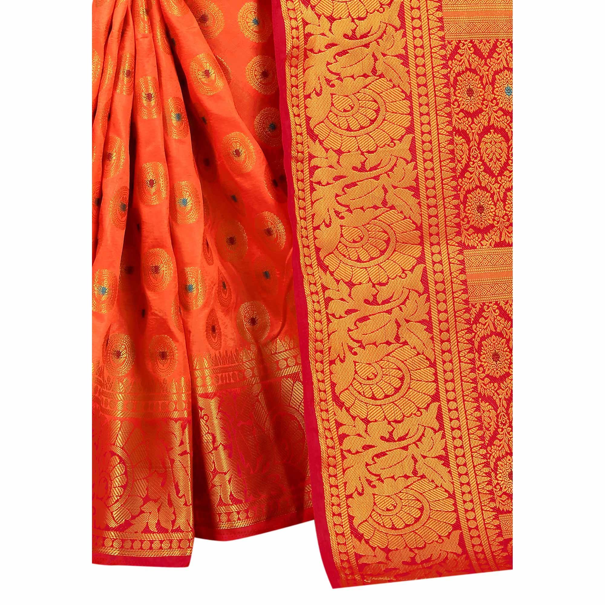 Pleasance Orange Colored Festive Wear Woven Art Silk Saree - Peachmode