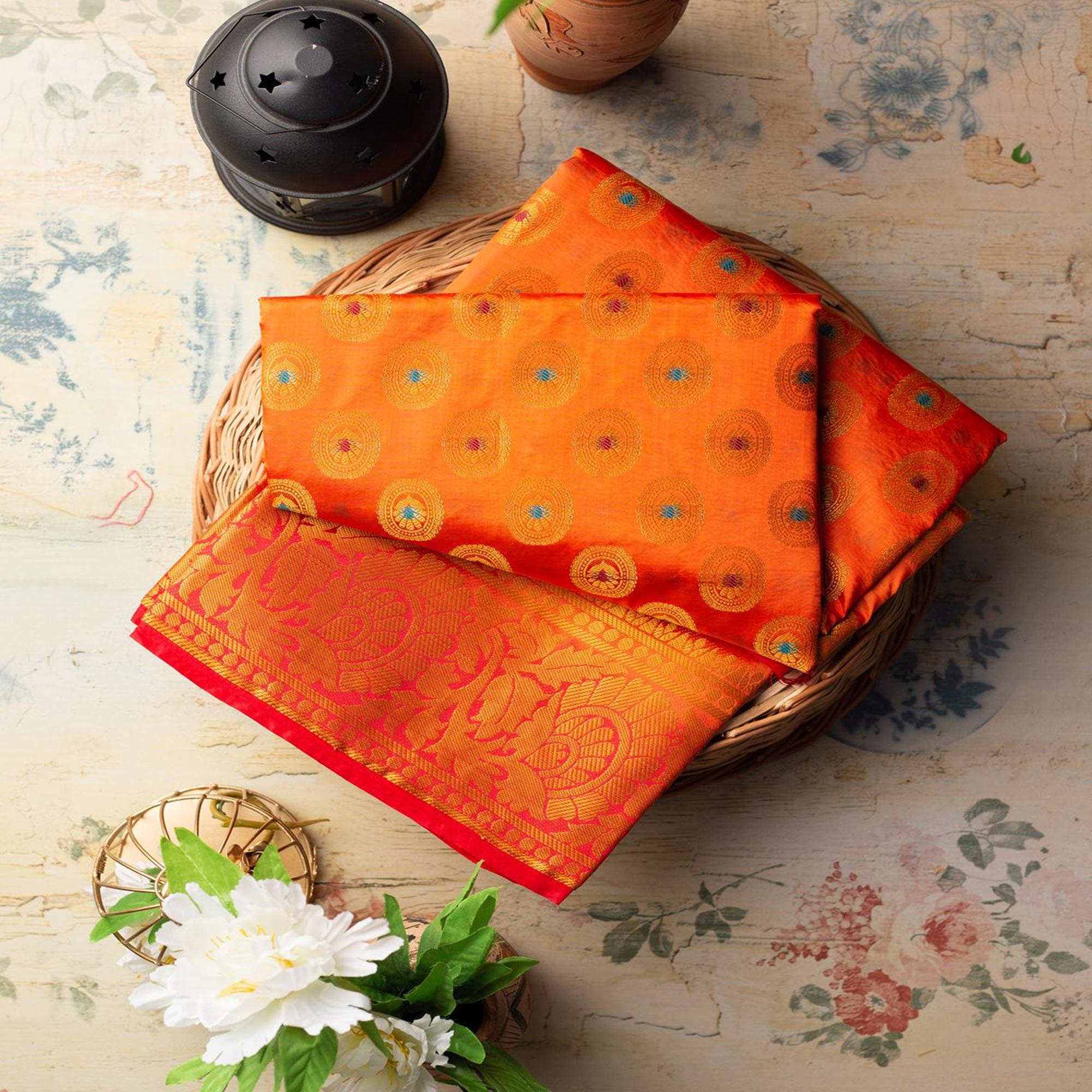 Pleasance Orange Colored Festive Wear Woven Art Silk Saree - Peachmode