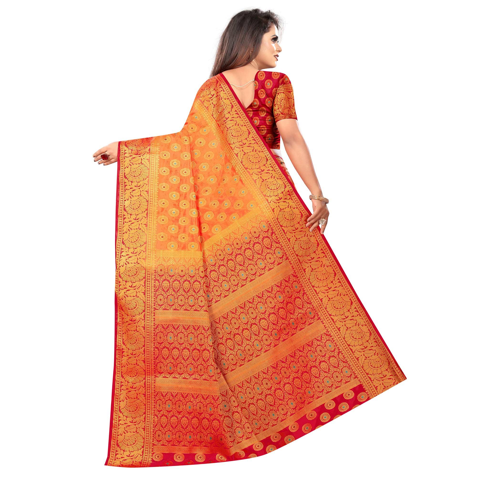 Pleasance Orange Colored Festive Wear Woven Art Silk Saree - Peachmode