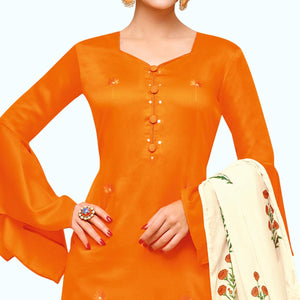 Pleasance Orange Colored Partywear Embroidered Pure Cotton Palazzo Suit - Peachmode