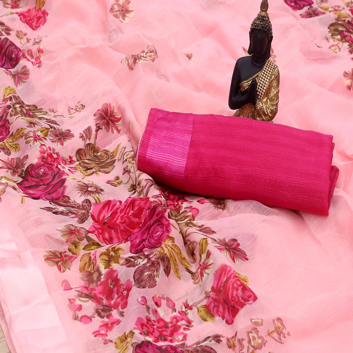 Pleasance Peach Colored Casual Wear Floral Printed Cotton Blend Saree - Peachmode