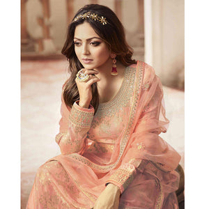 Pleasance Peach Colored designer Partywear Embroidered Dola Jacquard Palazzo Suit - Peachmode