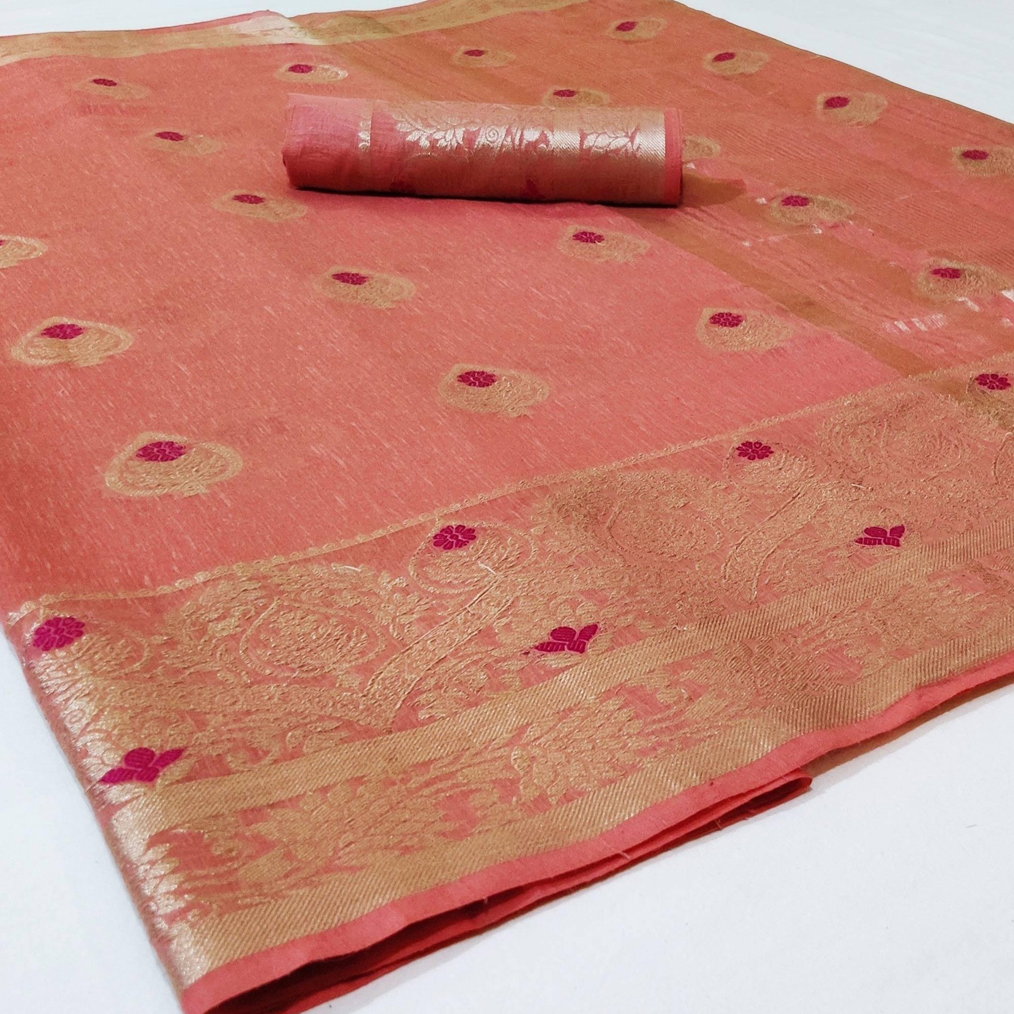 Pleasance Peach Colored Festive Wear Woven Linen Saree - Peachmode