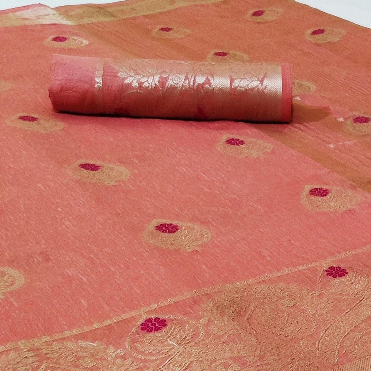Pleasance Peach Colored Festive Wear Woven Linen Saree - Peachmode