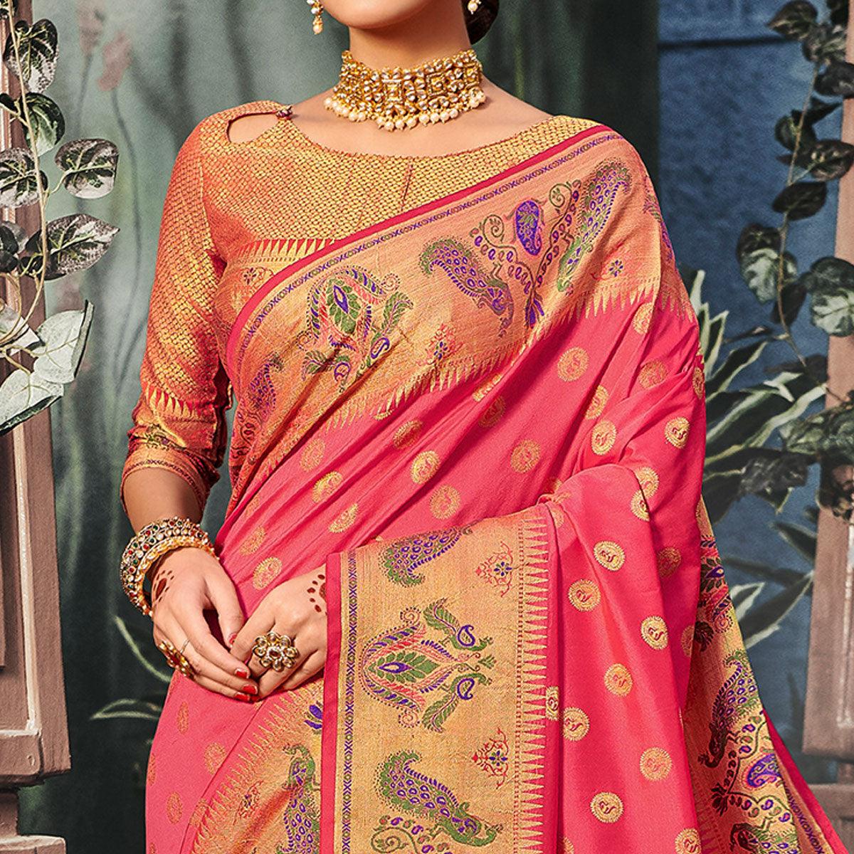 Pleasance Peach Coloured Woven Festive Wear Banarasi Silk Saree - Peachmode