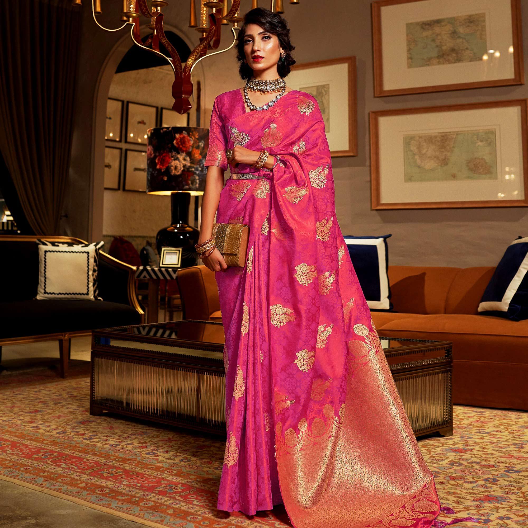 Pleasance Pink Colored Festive Wear Weaving Pure Satin Saree - Peachmode