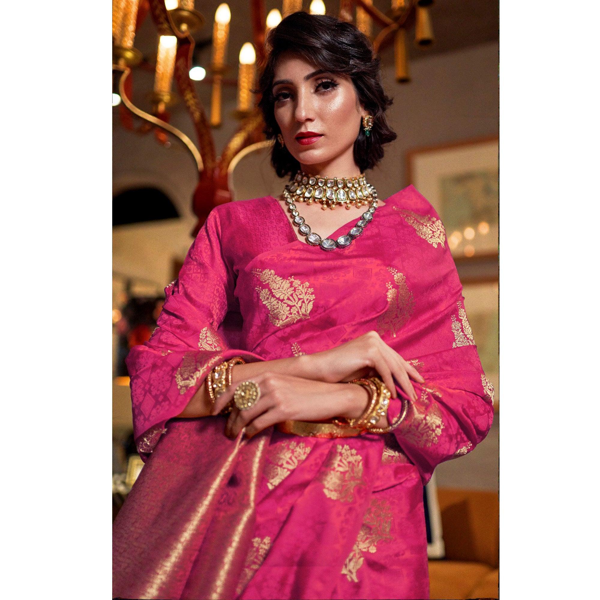 Pleasance Pink Colored Festive Wear Weaving Pure Satin Saree - Peachmode