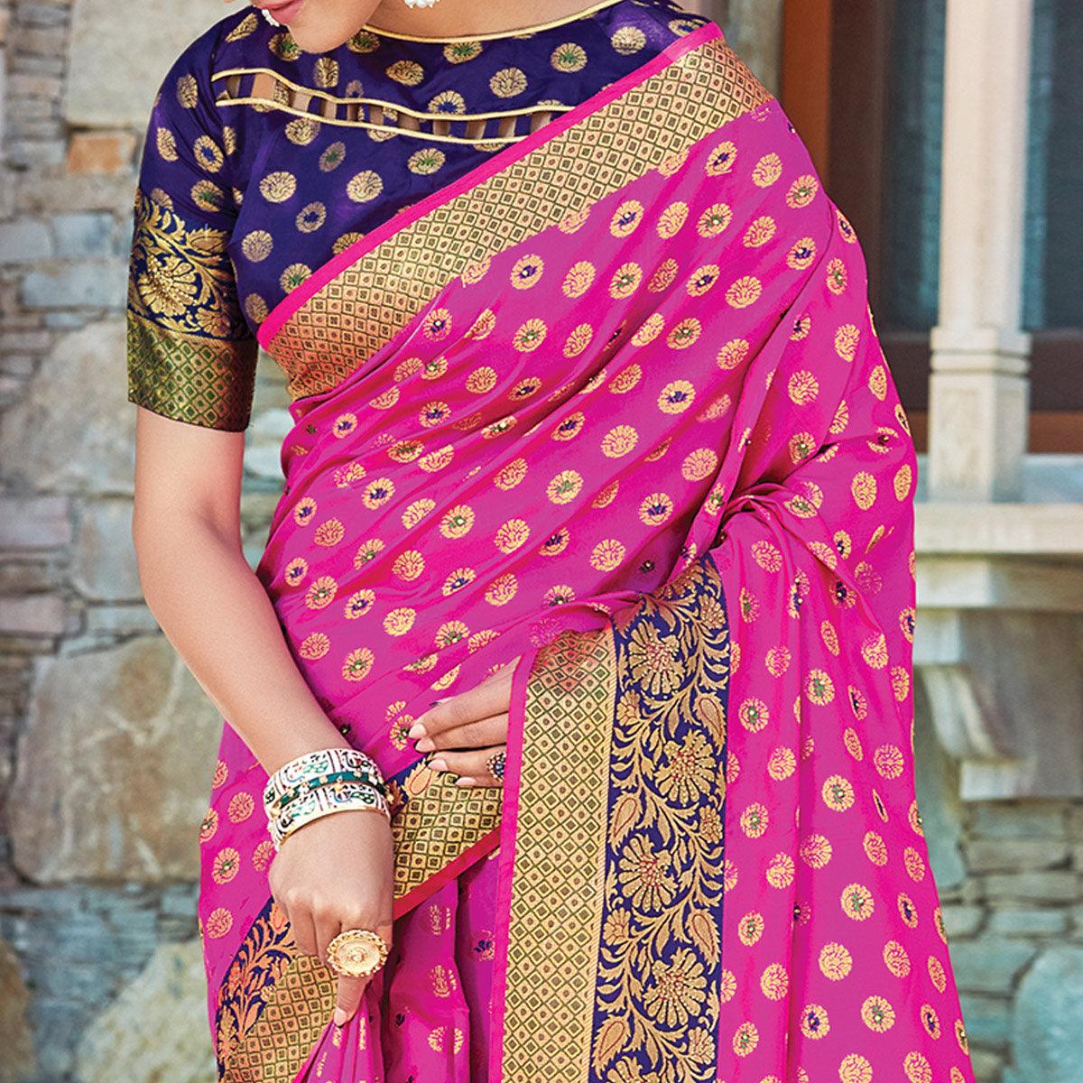 Pleasance Pink Colored Festive Wear Woven Handloom Silk Sareee - Peachmode
