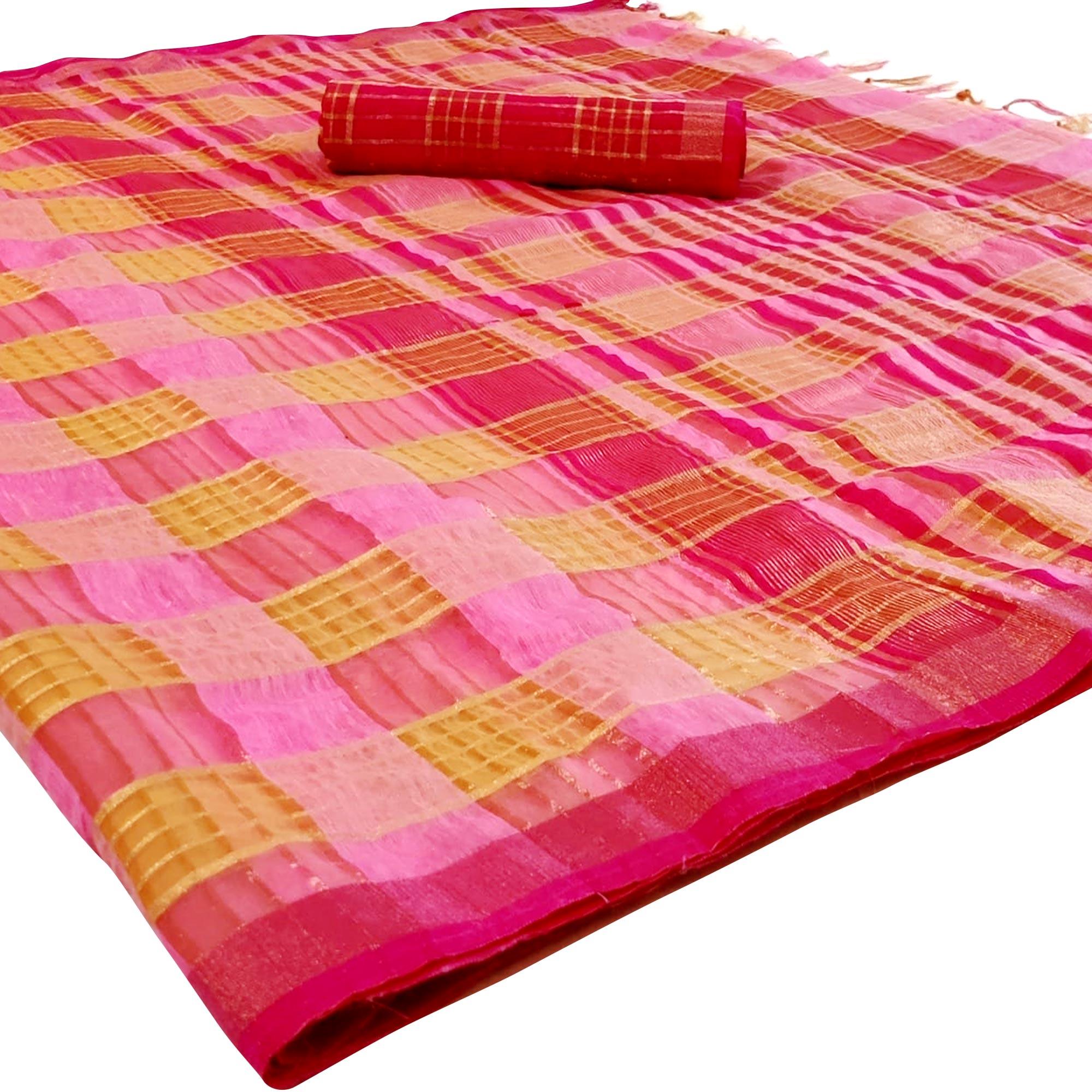 Pleasance Pink Colored Festive Wear Woven Linen Saree - Peachmode