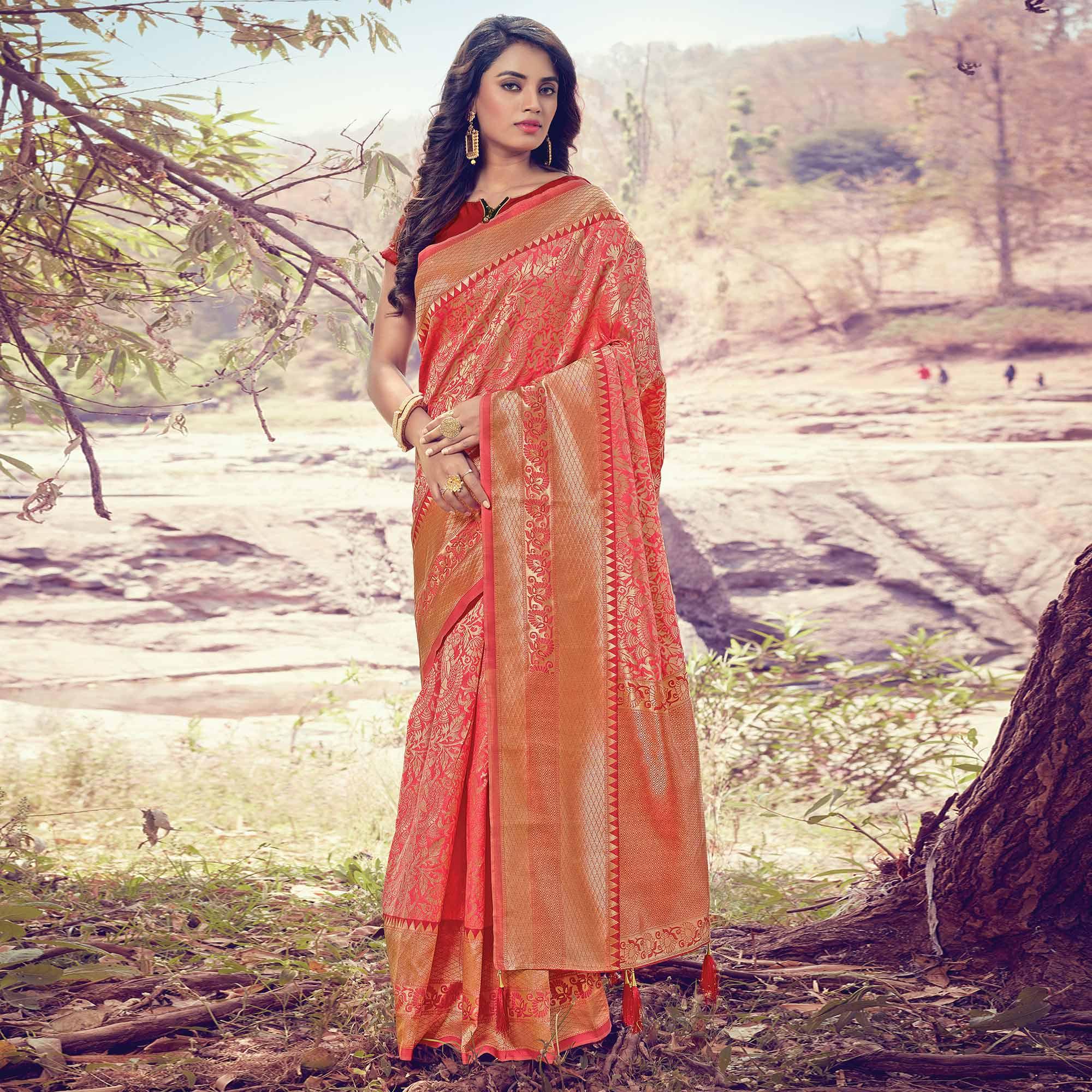 Pleasance Pink Colored Festive Wear Woven Silk Saree - Peachmode