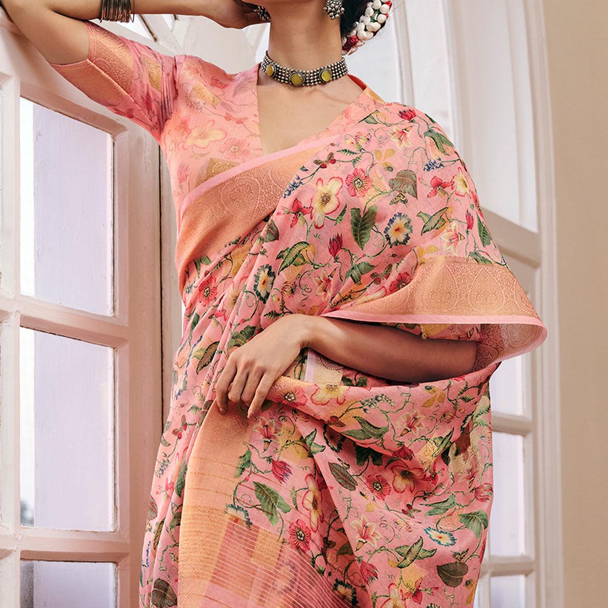 Pleasance Pink Colored Party Wear Digital Printed Linen Saree - Peachmode