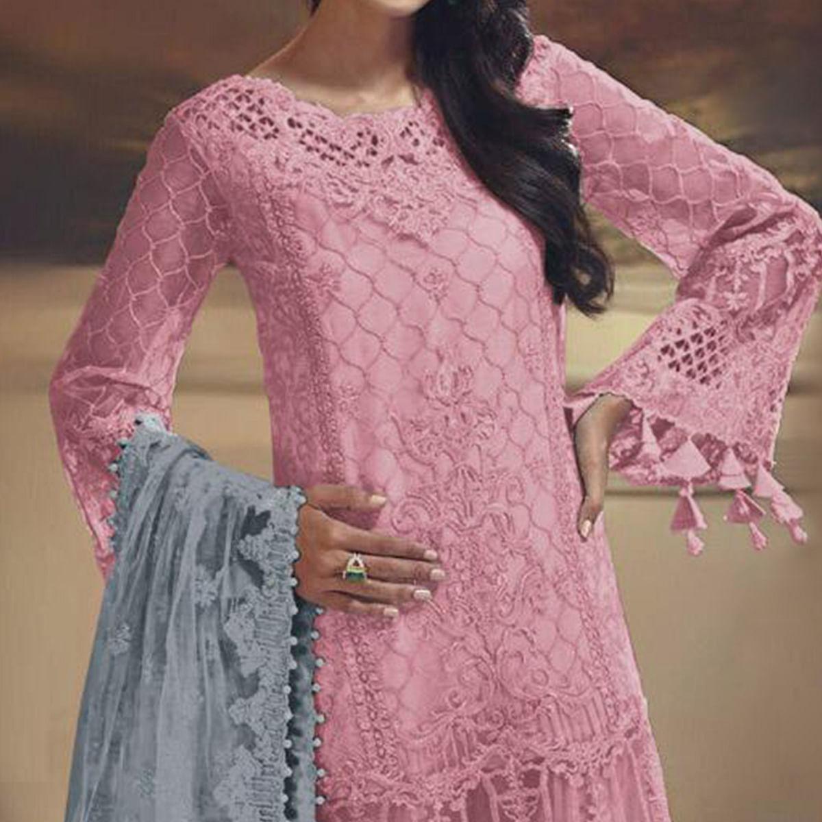 Pleasance Pink Colored Partywear Embroidered Tissue Silk Straight suit - Peachmode