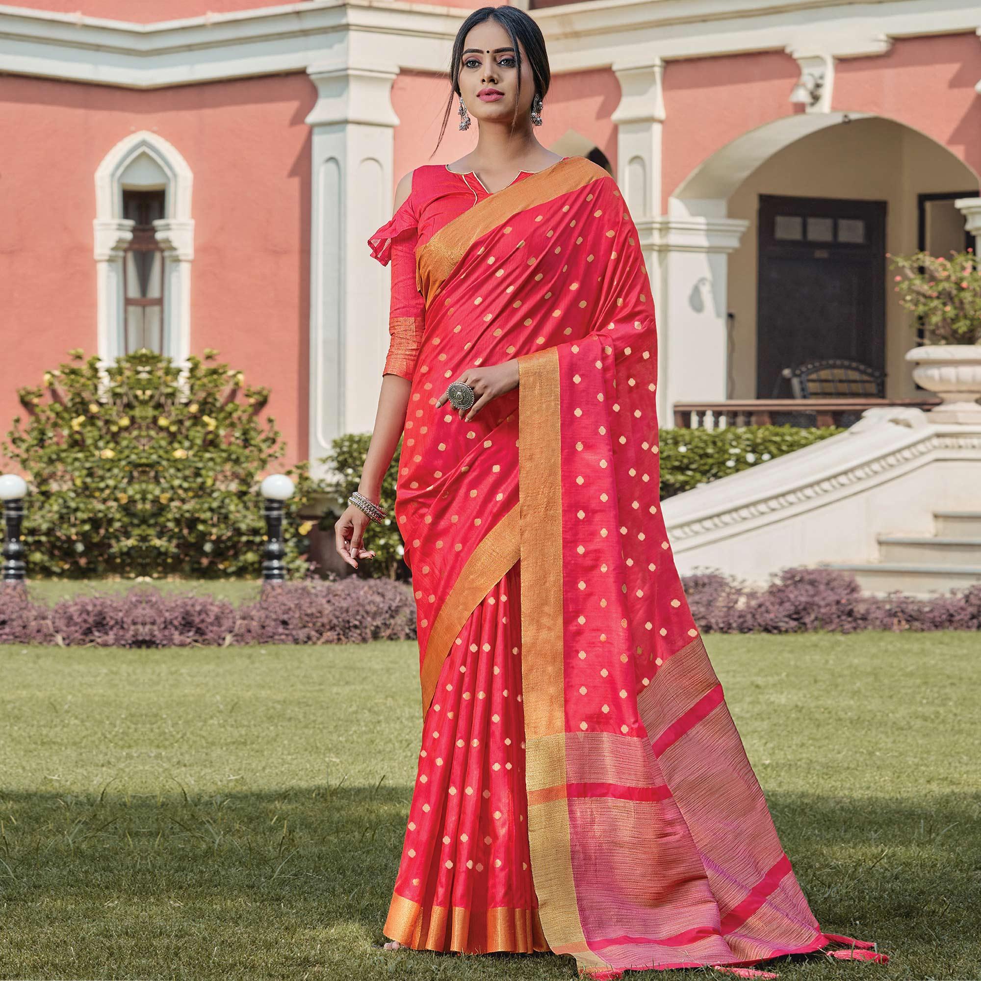 Pleasance Pink Coloured Casual Wear Woven Handloom Silk Saree - Peachmode