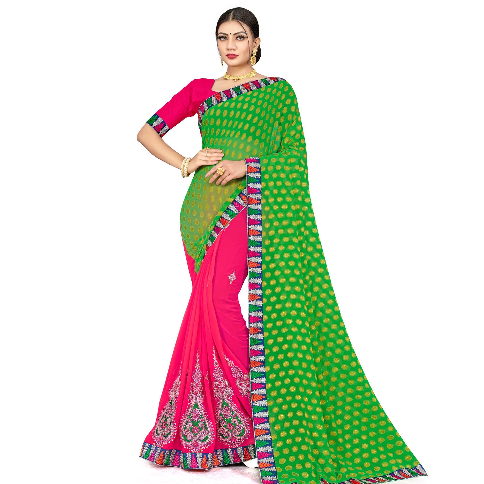 Pleasance Pink-Green Colored Party Wear Embroidered Georgette Half-Half Saree - Peachmode