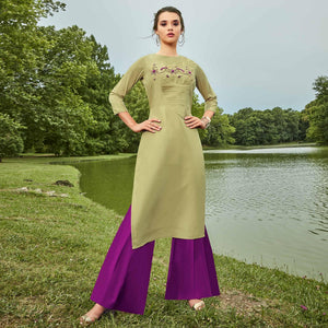 Pleasance Pista Green Colored Partywear Hand Embroidered Muslin Silk Kurti-Palazzo Set - Peachmode