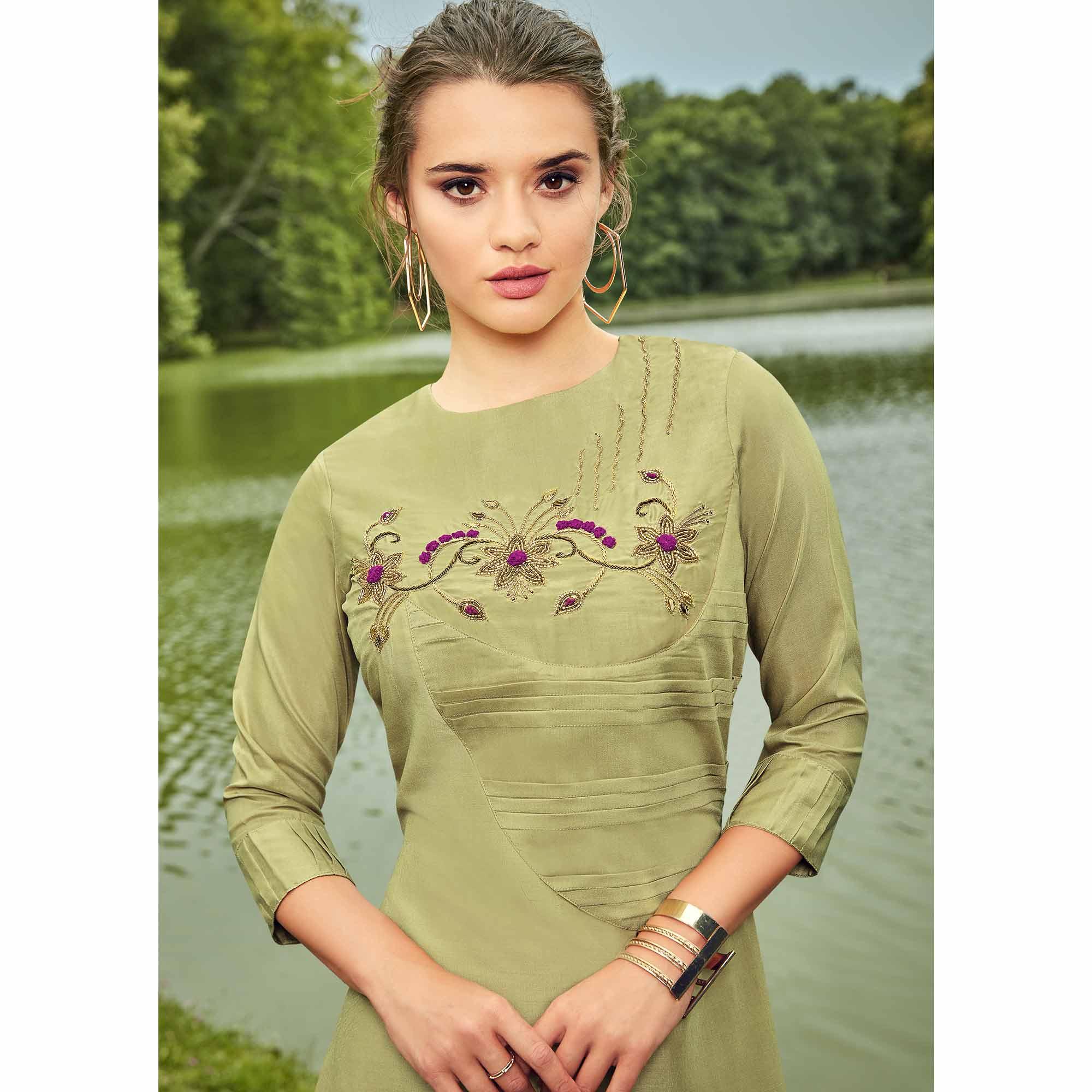 Pleasance Pista Green Colored Partywear Hand Embroidered Muslin Silk Kurti-Palazzo Set - Peachmode