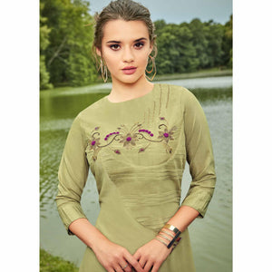 Pleasance Pista Green Colored Partywear Hand Embroidered Muslin Silk Kurti-Palazzo Set - Peachmode