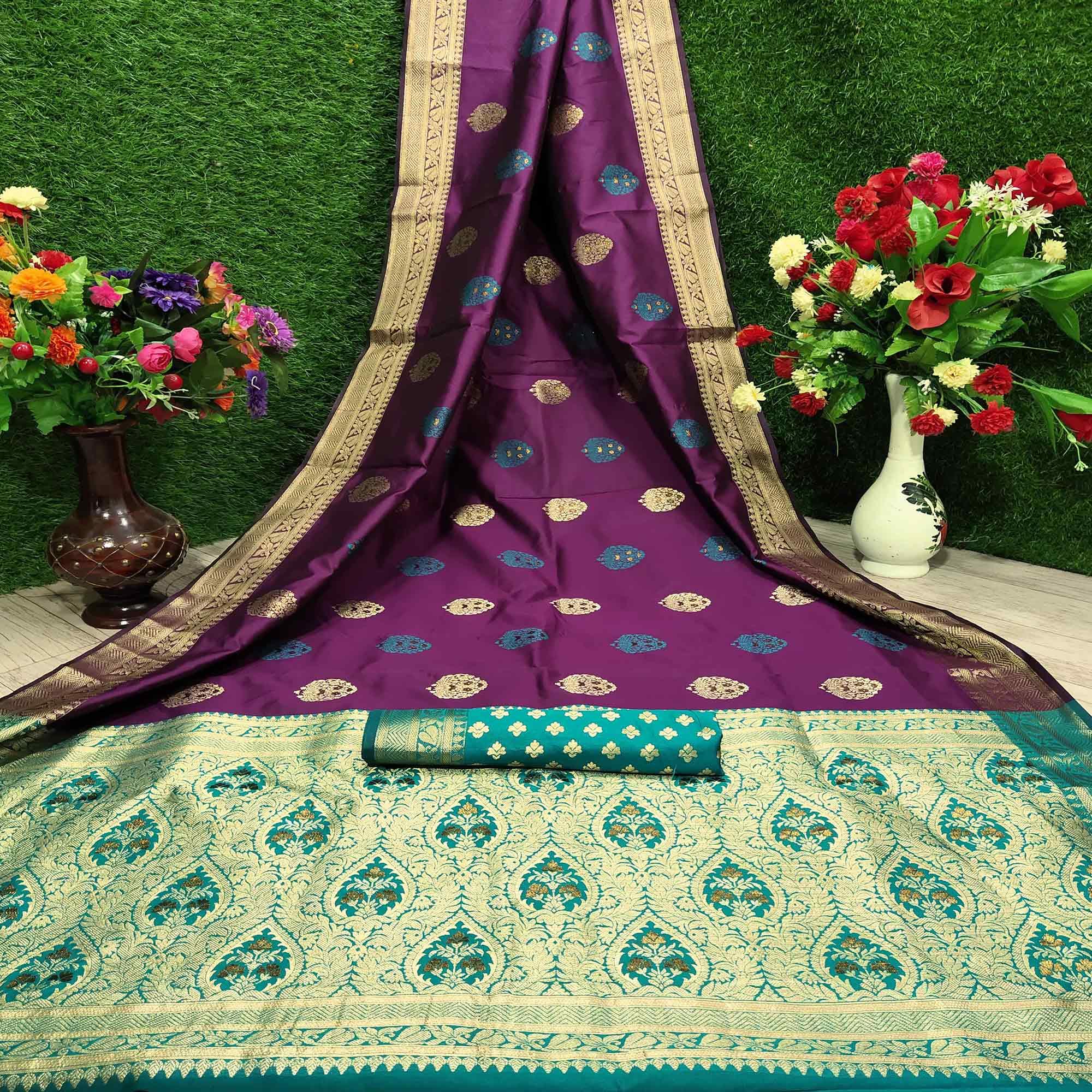 Pleasance Purple Colored Festive Wear Woven Banarasi Silk Saree - Peachmode