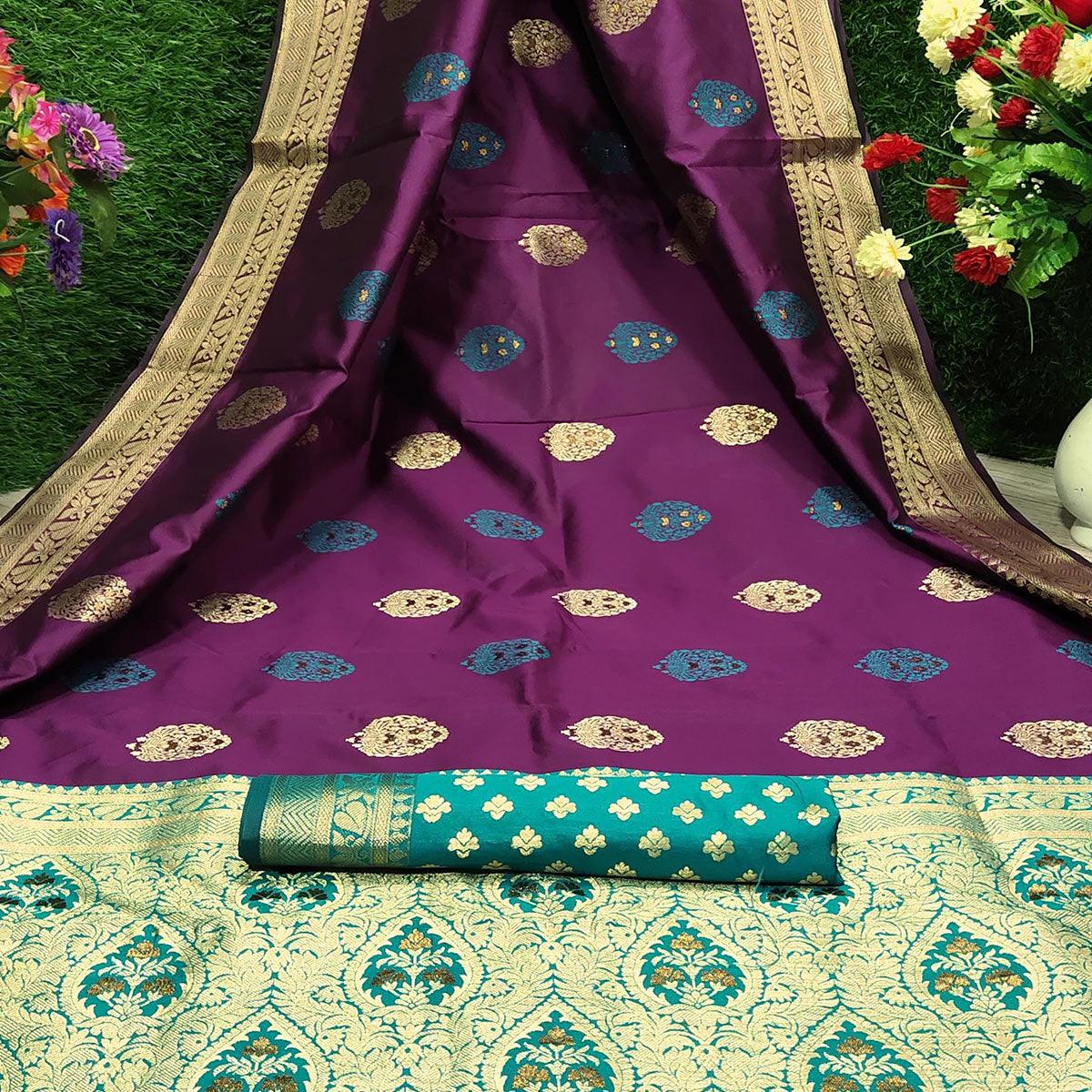 Pleasance Purple Colored Festive Wear Woven Banarasi Silk Saree - Peachmode
