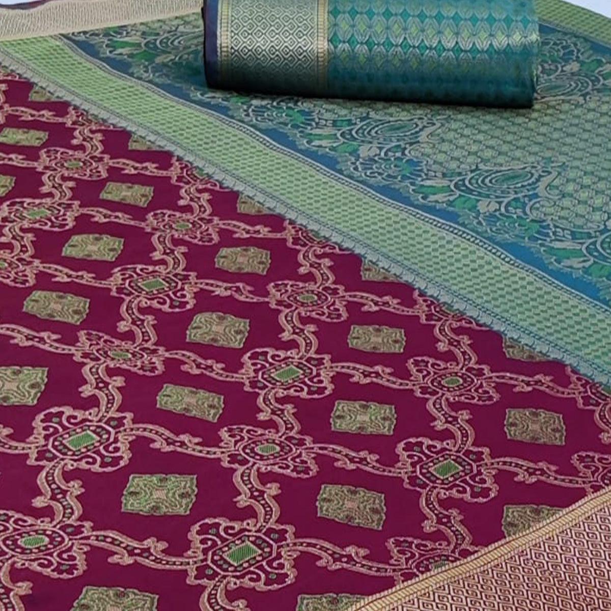 Pleasance Purple Colored Festive Wear Woven Silk Saree - Peachmode