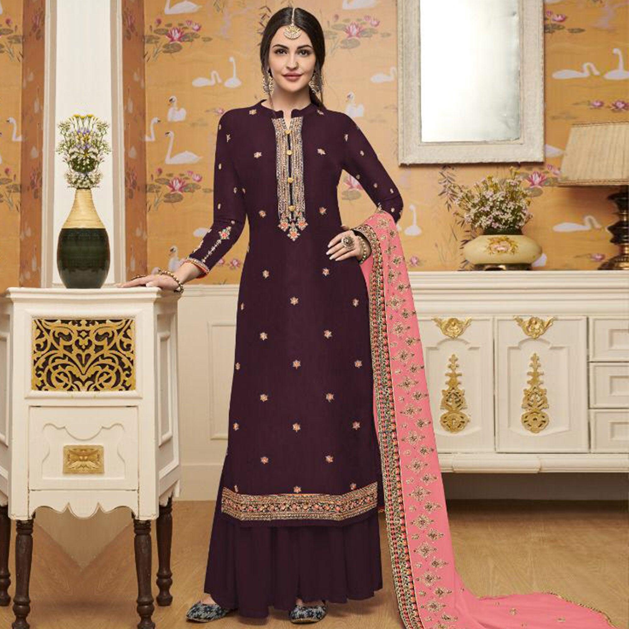Pleasance Purple Colored Partywear Embroidered Crepe Palazzo Suit - Peachmode